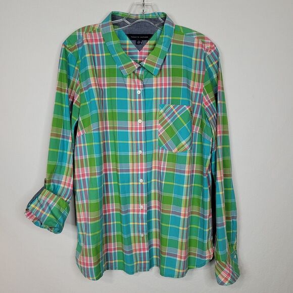 Tommy Hilfiger Top Womens XL MultiPlaid Roll Tab Sleeve Button Up Shirt Classic - Picture 1 of 11